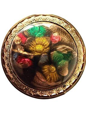 Vintage Reverse Carved Lucite Brooch Gold Tone Floral Pin 1950s New Old Stock‎
